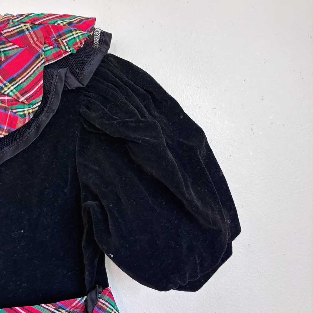 Vintage Girls Velvet Romper Jumper 5 Black Plaid Ruffle Holiday Christmas USA